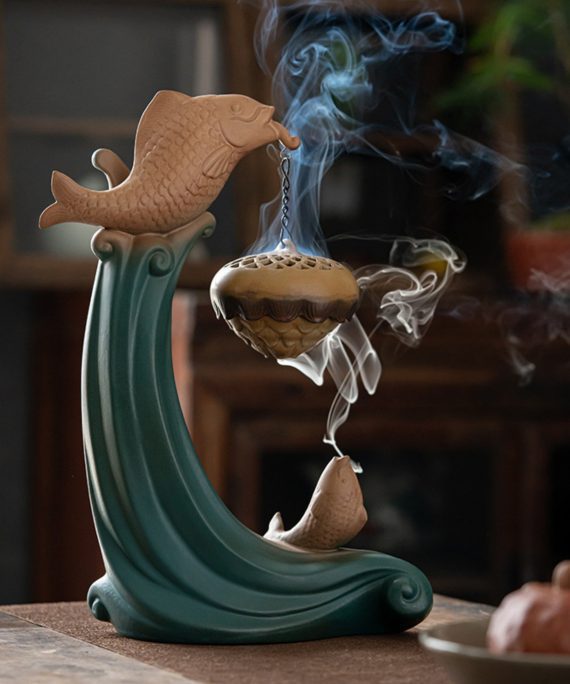 Mysterious gifts Carp Jumping Over the Dragon Gate Ceramic Backflow Incense Burner