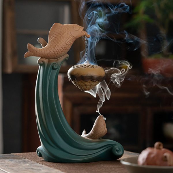 Mysterious gifts Carp Jumping Over the Dragon Gate Ceramic Backflow Incense Burner