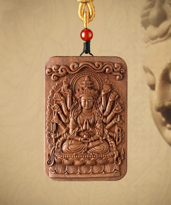 Mysterious gifts Sandalwood Hand-Carved Thousand-Armed Guanyin Buddha Pendant Necklace