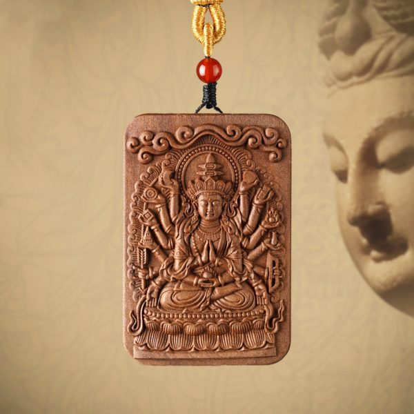 Mysterious gifts Sandalwood Hand-Carved Thousand-Armed Guanyin Buddha Pendant Necklace