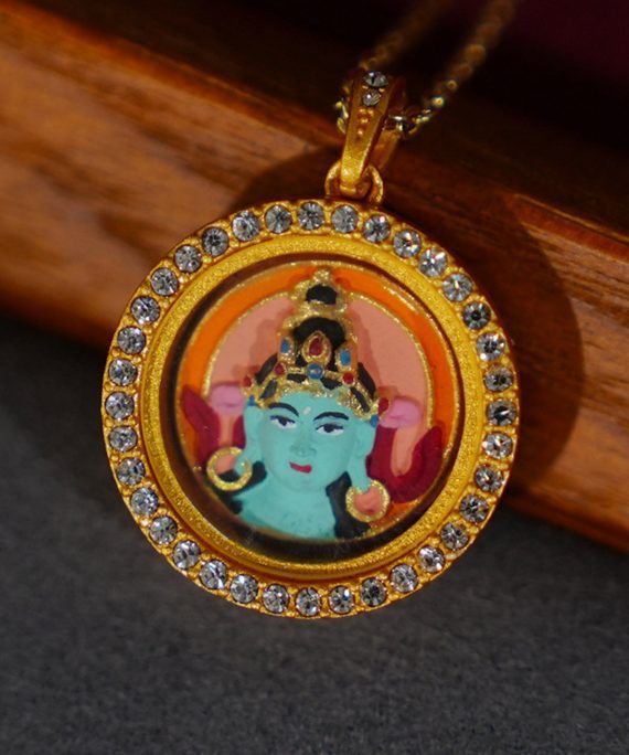 Mysterious gifts Modern Style Round Green Tara Thangka Pendant Necklace