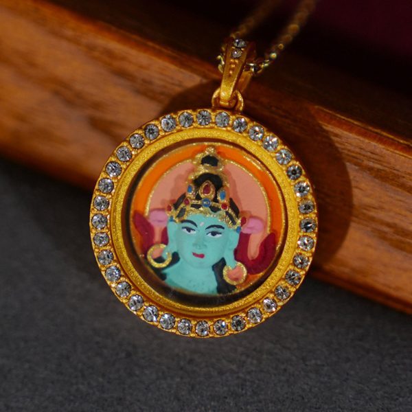 Mysterious gifts Modern Style Round Green Tara Thangka Pendant Necklace