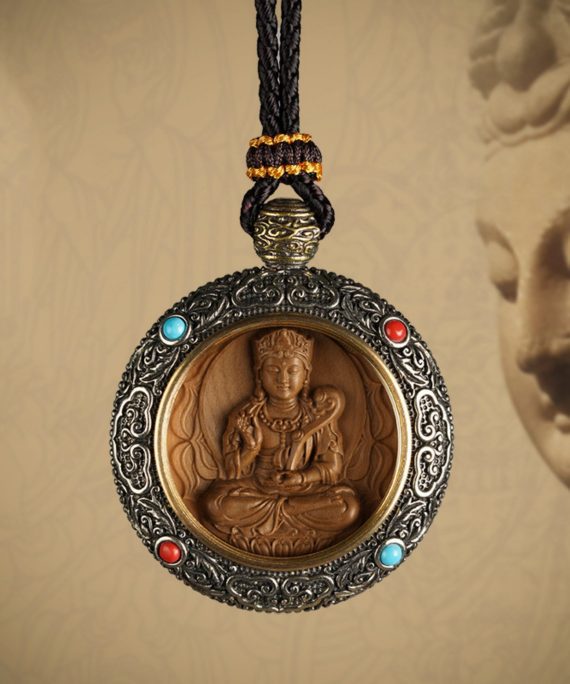 Mysterious gifts Tibetan Silver Inlaid Hand-Engraved Sandalwood Buddha Necklace