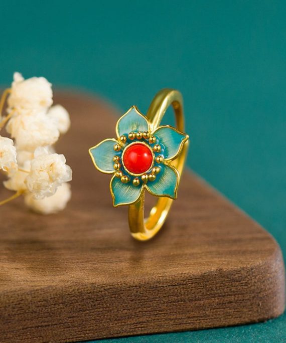 Mysterious gifts Adjustable Gold-Plated Silver Hanfu Ring with Enamel Inlay