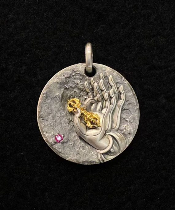 Tibetan Buddha Hand & Vajra Silver Pendant Necklace