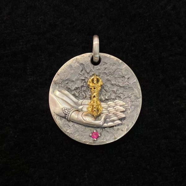 Tibetan Buddha Hand & Vajra Silver Pendant Necklace