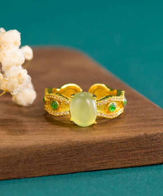 Mysterious gifts Adjustable Vintage Gold Inlaid Jade Ring