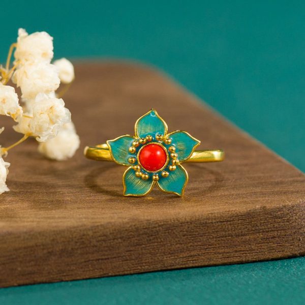 Mysterious gifts Adjustable Gold-Plated Silver Hanfu Ring with Enamel Inlay