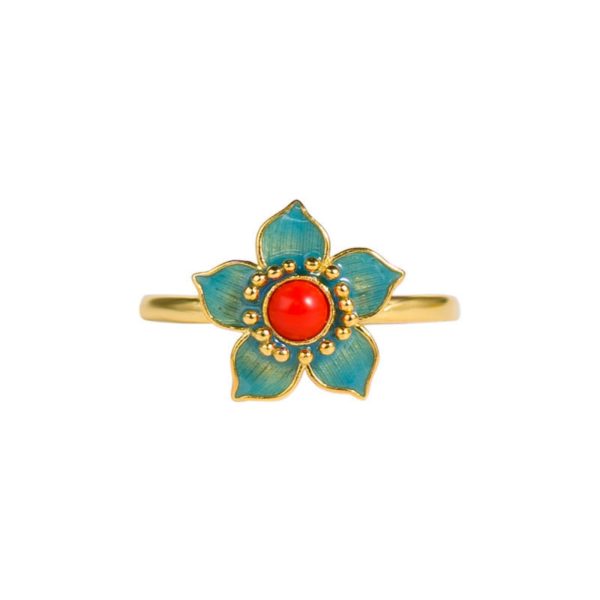 Mysterious gifts Adjustable Gold-Plated Silver Hanfu Ring with Enamel Inlay