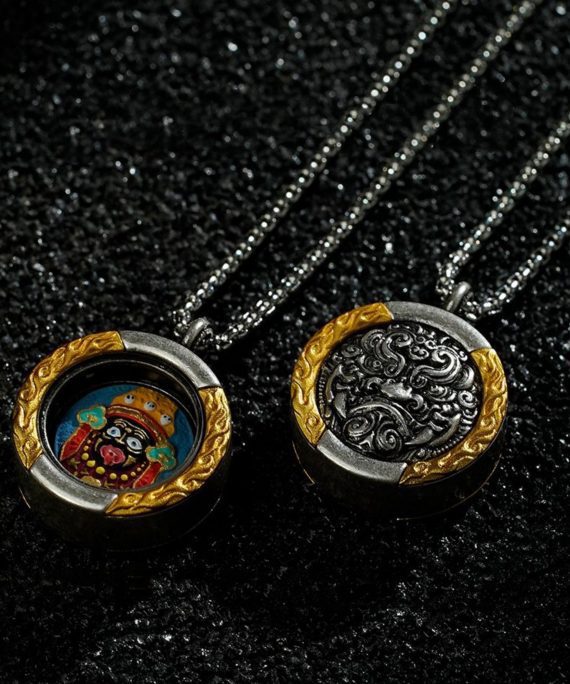 Mysterious gifts Brass Flame Pattern Hand-Painted Zakiram Thangka Pendant Necklace