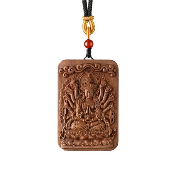 Mysterious gifts Sandalwood Hand-Carved Thousand-Armed Guanyin Buddha Pendant Necklace