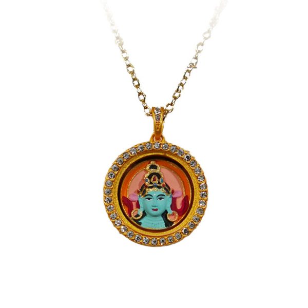 Mysterious gifts Modern Style Round Green Tara Thangka Pendant Necklace