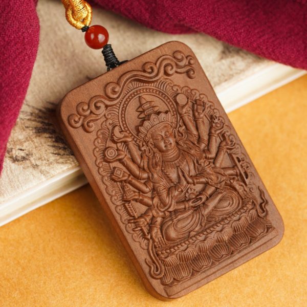 Mysterious gifts Sandalwood Hand-Carved Thousand-Armed Guanyin Buddha Pendant Necklace