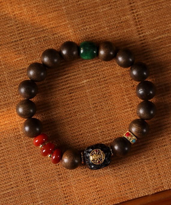 Natural Agarwood & Red Agate Mala Bracelet