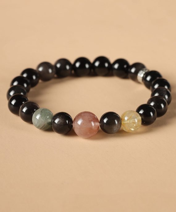 Natural Silver Sheen Obsidian & Rutilated Quartz Bracelet