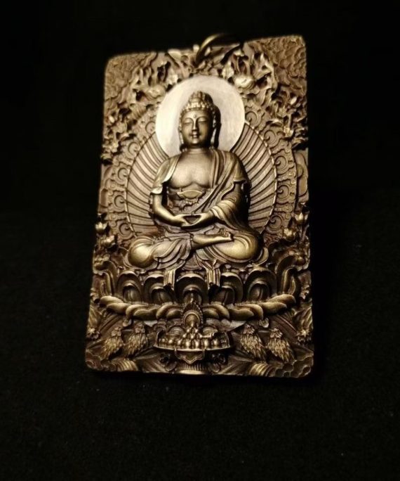 Tibetan Brass Amitabha Buddha Amulet Pendant Necklace