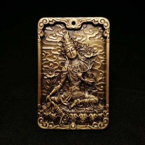 Tibetan Brass Green Tara Amulet Pendant Necklace