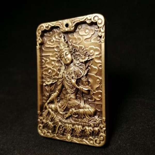 Tibetan Brass Green Tara Amulet Pendant Necklace