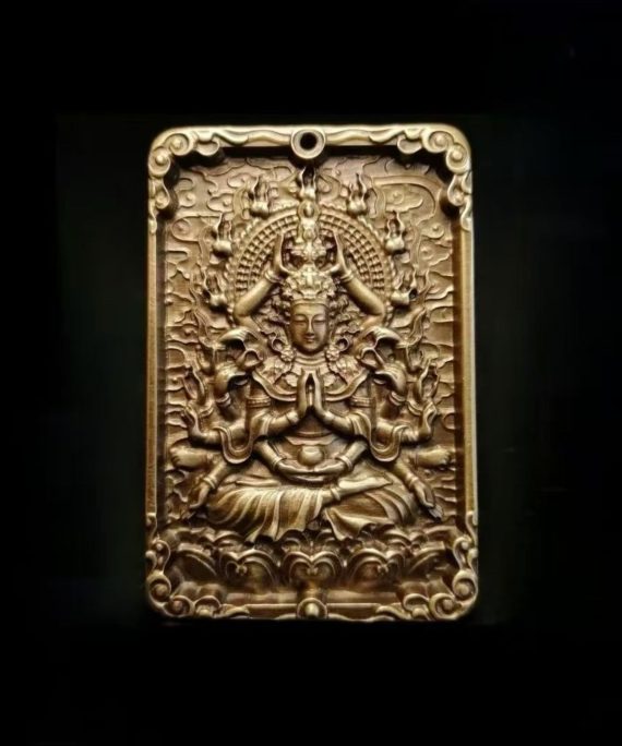 Tibetan Brass Thousand-Armed Guanyin Bodhisattva (Avalokiteshvara) Amulet Pendant Necklace