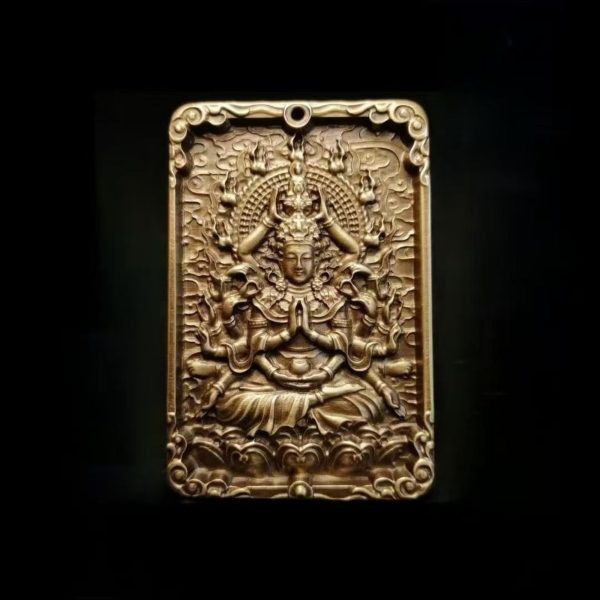 Tibetan Brass Thousand-Armed Guanyin Bodhisattva (Avalokiteshvara) Amulet Pendant Necklace