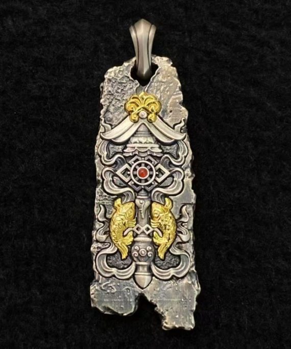 Tibetan Eight Auspicious Symbols Silver Amulet Necklace