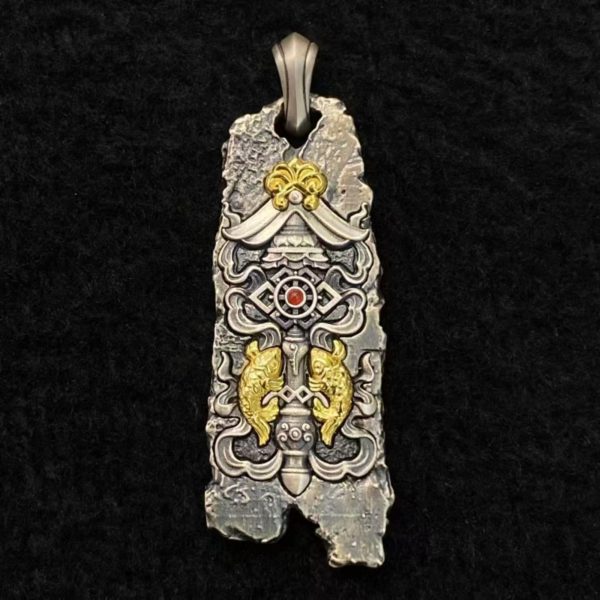 Tibetan Eight Auspicious Symbols Silver Amulet Necklace
