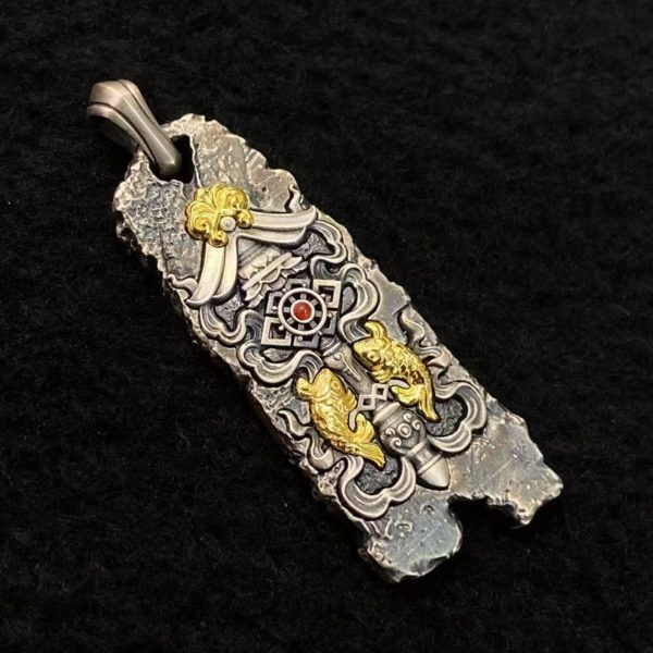 Tibetan Eight Auspicious Symbols Silver Amulet Necklace