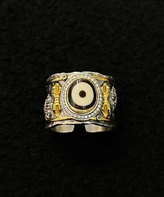 Tibetan Green Tara Dzi Bead Sterling Silver Adjustable Ring