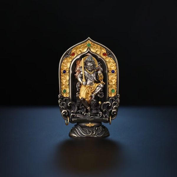 Tibetan Hand-Carved Acala (Fudo Myo-o) Silver Shrine Statue