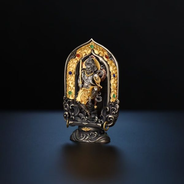 Tibetan Hand-Carved Acala (Fudo Myo-o) Silver Shrine Statue