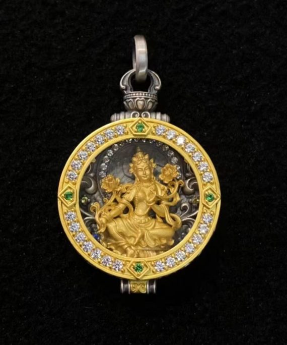 Tibetan Hand-Carved Green Tara Silver Gawu Box Pendant Necklace