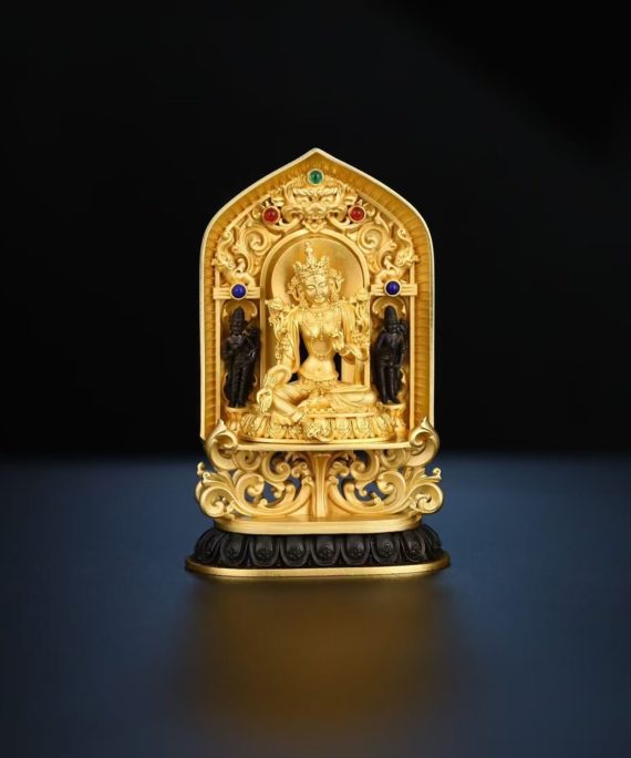 Tibetan Hand-Carved Green Tara Silver Shrine Statue