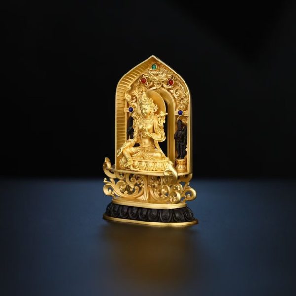 Tibetan Hand-Carved Green Tara Silver Shrine Statue