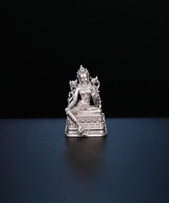 Tibetan Hand-Carved Green Tara Silver Shrine Statue