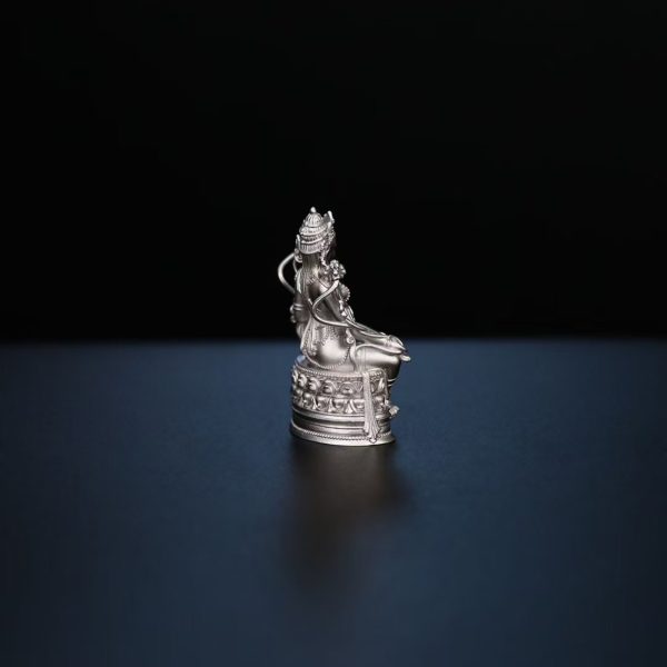 Tibetan Hand-Carved Green Tara Silver Shrine Statue
