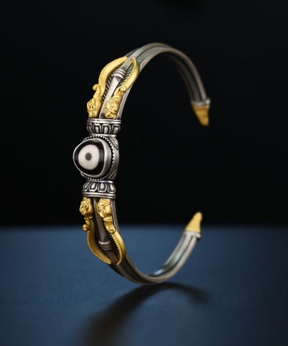Tibetan Hand-Carved Makara & Dzi Bead Silver Bangle