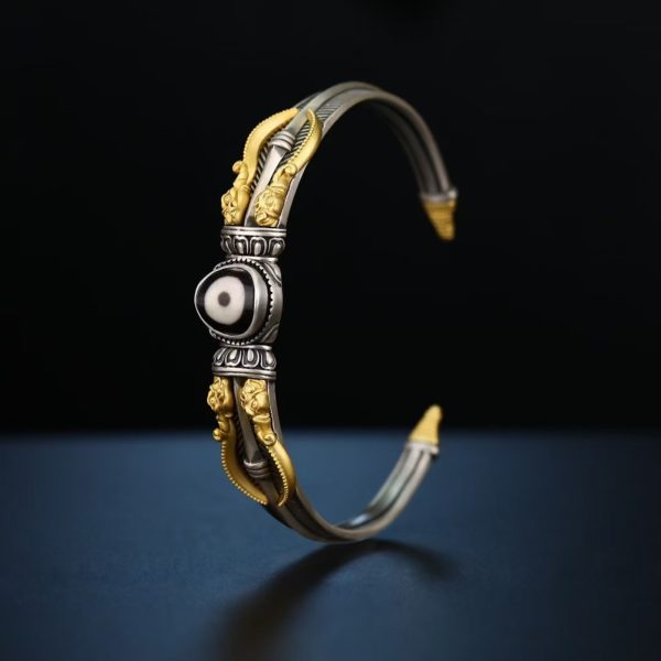 Tibetan Hand-Carved Makara & Dzi Bead Silver Bangle
