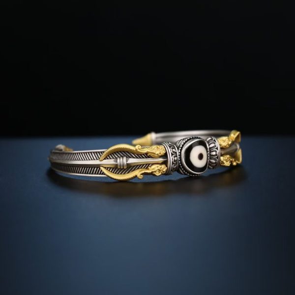 Tibetan Hand-Carved Makara & Dzi Bead Silver Bangle