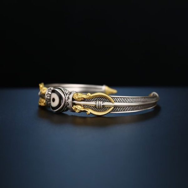 Tibetan Hand-Carved Makara & Dzi Bead Silver Bangle