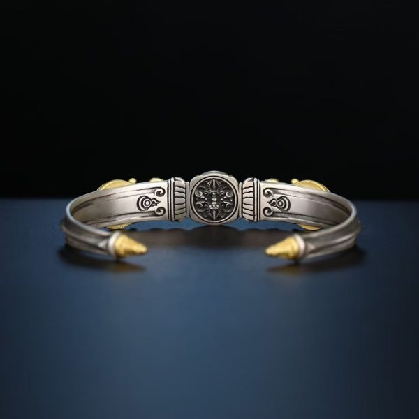 Tibetan Hand-Carved Makara & Dzi Bead Silver Bangle