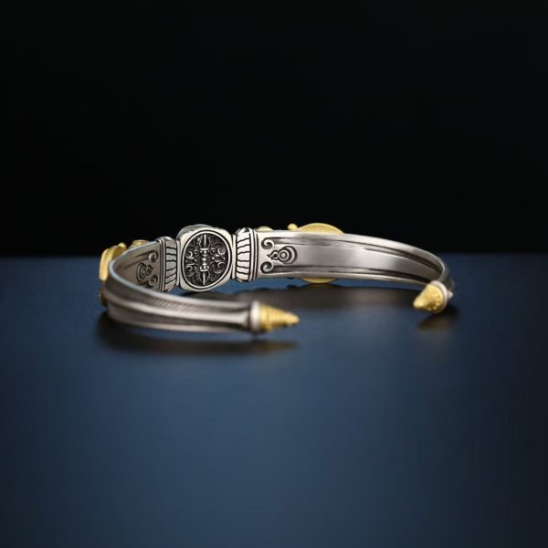 Tibetan Hand-Carved Makara & Dzi Bead Silver Bangle