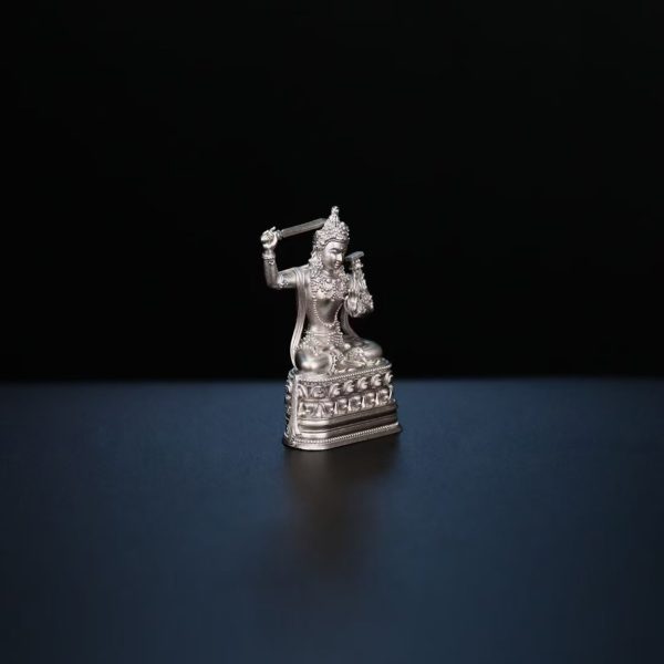 Tibetan Hand-Carved Manjushri Silver Shrine Statue
