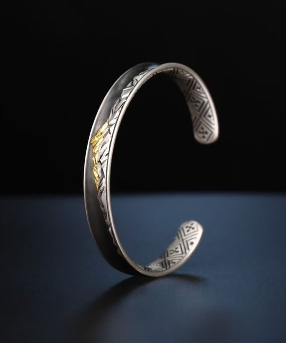 Tibetan Hand-Carved Mount Everest Gold & Silver Bangle