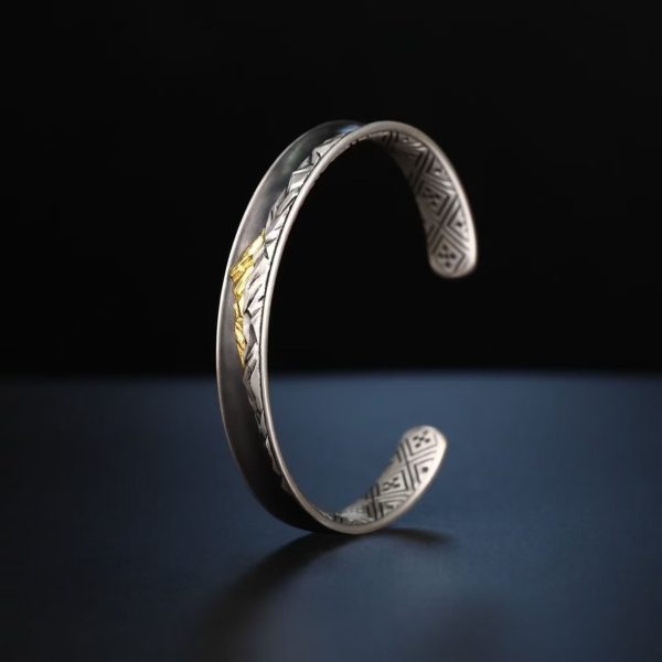 Tibetan Hand-Carved Mount Everest Gold & Silver Bangle