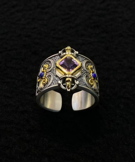 Tibetan Handmade Amethyst & Sterling Silver Vajra Adjustable Ring