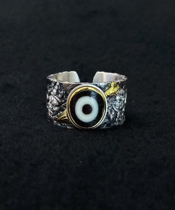Tibetan Phurba Vajra Dzi Bead Sterling Silver Adjustable Ring