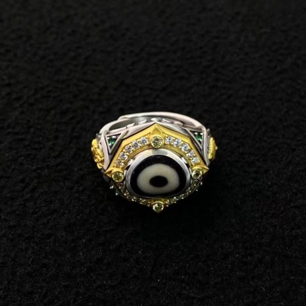 Tibetan Treasure Mouse & Conch Dzi Silver Ring