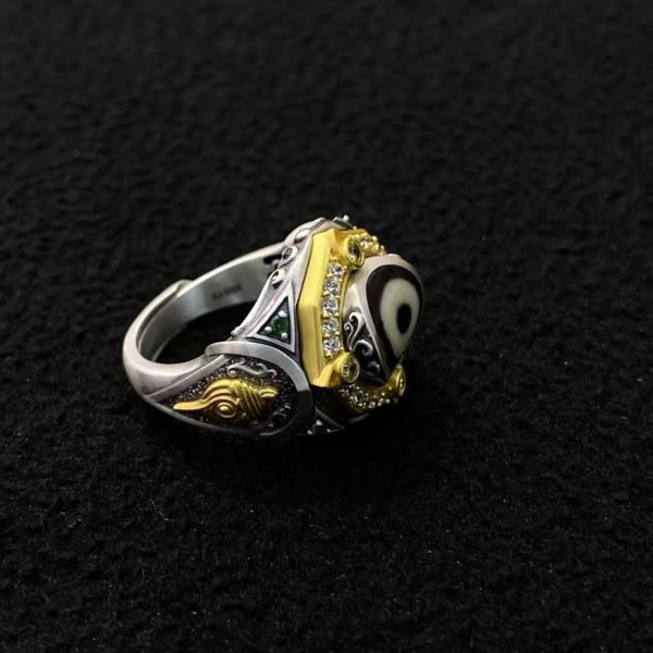 Tibetan Treasure Mouse & Conch Dzi Silver Ring