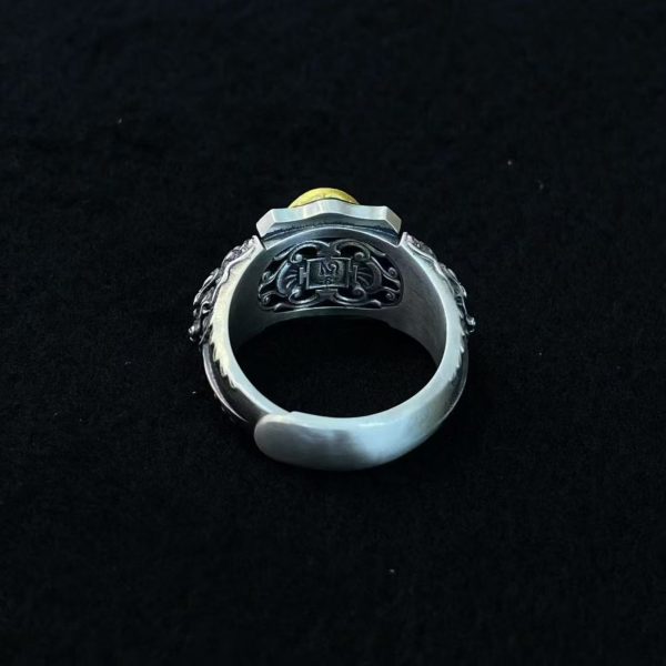 Tibetan Yamantaka Dzi Bead Sterling Silver Adjustable Ring