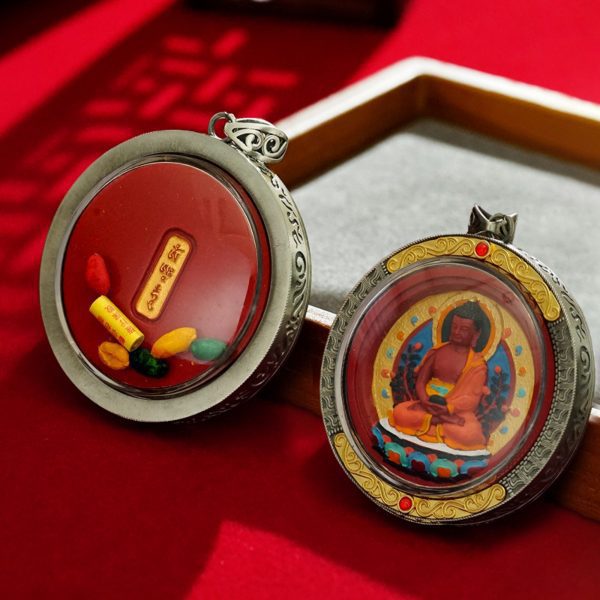 Mysterious gifts Round Cinnabar Hand-Painted Thangka Buddha Pendant Necklace
